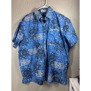 Taaroa Mens Short Sleeve Button-Up‎ Blue Tropical Casual 100% Cotton Shirt XL